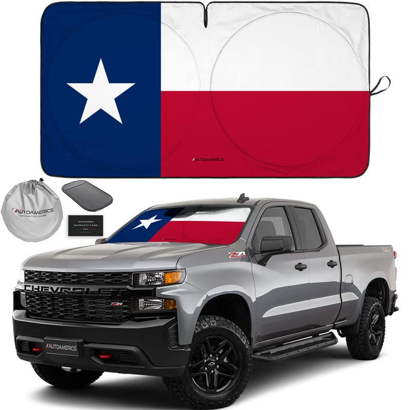 Autoamerics 1Piece Windshield Sun Shade American Texas Flag USA Patriotic Design Foldable Car Front Window Sunshade for Sedans SUV Truck Blocks Max UV Rays and Keeps Your Vehicle Cool Large