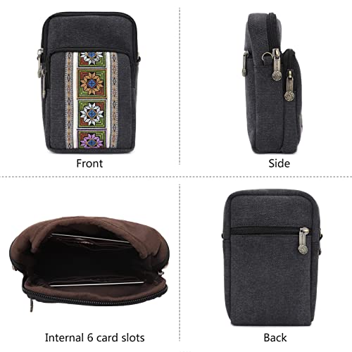 SILKAREA Women Canvas Cell Phone Purse Crossbody Bag Embroidered Small Shoulder Bags Handbags Credit Card Wallet Pouch (Black) - Image 4