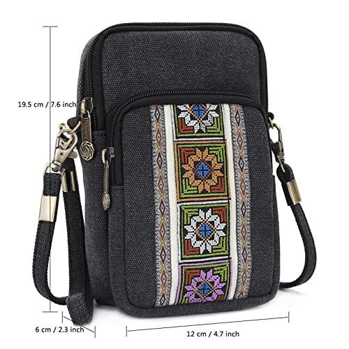 SILKAREA Women Canvas Cell Phone Purse Crossbody Bag Embroidered Small Shoulder Bags Handbags Credit Card Wallet Pouch (Black) - Image 5