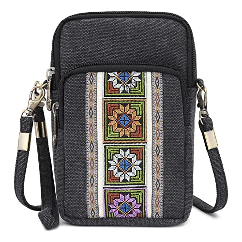 SILKAREA Women Canvas Cell Phone Purse Crossbody Bag Embroidered Small Shoulder Bags Handbags Credit Card Wallet Pouch (Black) - Image 1