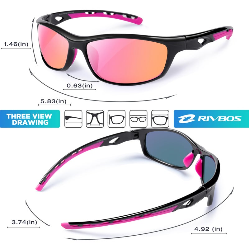 RIVBOS Womens Sunglasses Polarized TR90 Unbreakable Frame Sports Driving Fishing Cycling RB833-Black&Pink - Image 3