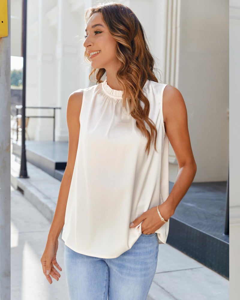 SimpleFun Ladies Silk Tops and Blouses Dressy Casual Flowy Tank Tops Elegant Luxury Blouses Sleeveless Champagne XL - Image 3