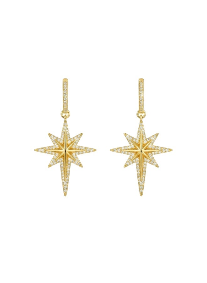 Julia Store 21K Real Gold Plated Metal Dainty Trendy Deluxe New Start Love Friendship Protector Cubic Zirconia North Star Pendant Minimalist Gold Celestial Drop Dangle Earrings Jewelry Gift For Women - Image 1