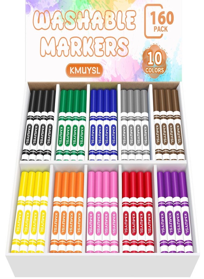 KMUYSL 160 Count Washable Markers Bulk, 10 Assorted Colors - Broad Line Conical Tip Coloring Markers for Kids, School Art Supplies & Back to School Supplies, Teacher Classroom Must Haves - Image 1
