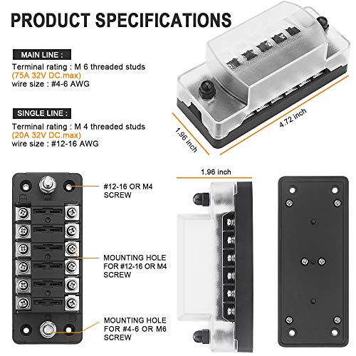 ELECTOP 6 Way Fuse Block Blade Fuse Box with Negative Bus, 6 Circuit Fuse Holder Fuse Block w/Negative Bus, Waterproof Protection Cover Sticker Labels for 12V/24V Automotive Car Truck Boat Marine RV - Image 4