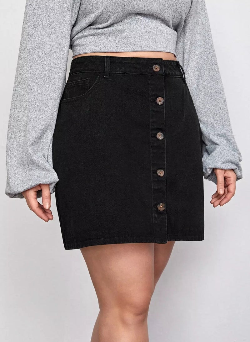 Plus Solid Button Up Denim Skirt  - Image 1