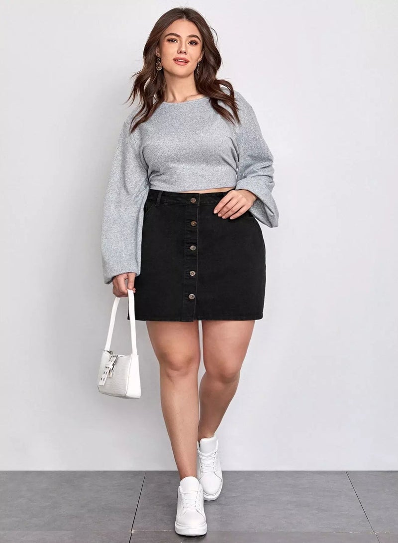 Plus Solid Button Up Denim Skirt  - Image 3