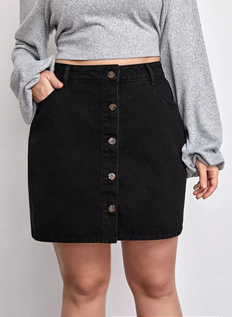 Plus Solid Button Up Denim Skirt  - Image 4