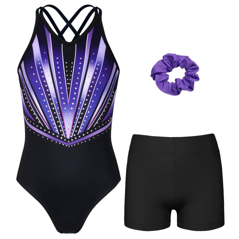 JOYSTREAM Gymnastics Leotards for Girls With Polyamide Shorts Sparkly Ballet Dance Activewear Violet Lines,10-11Years - Image 1
