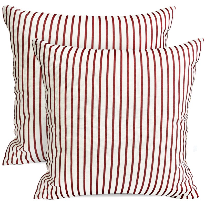 RYSMIYOU RYSMIYOU Decorative Throw Pillow Covers Set of 2 Wine Red Striped Pillow Covers 18x18 Inch Throw Pillow Cover Linen Pillowcase Modern Farmhouse Outdoor Pillow Covers for Couch Sofa Living Room - Image 1