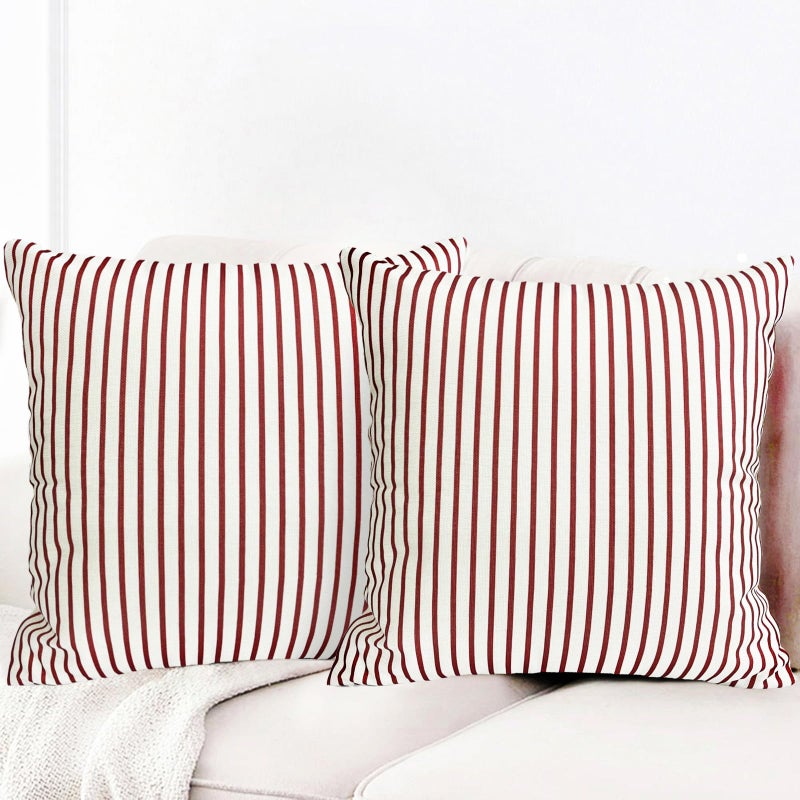 RYSMIYOU RYSMIYOU Decorative Throw Pillow Covers Set of 2 Wine Red Striped Pillow Covers 18x18 Inch Throw Pillow Cover Linen Pillowcase Modern Farmhouse Outdoor Pillow Covers for Couch Sofa Living Room - Image 2