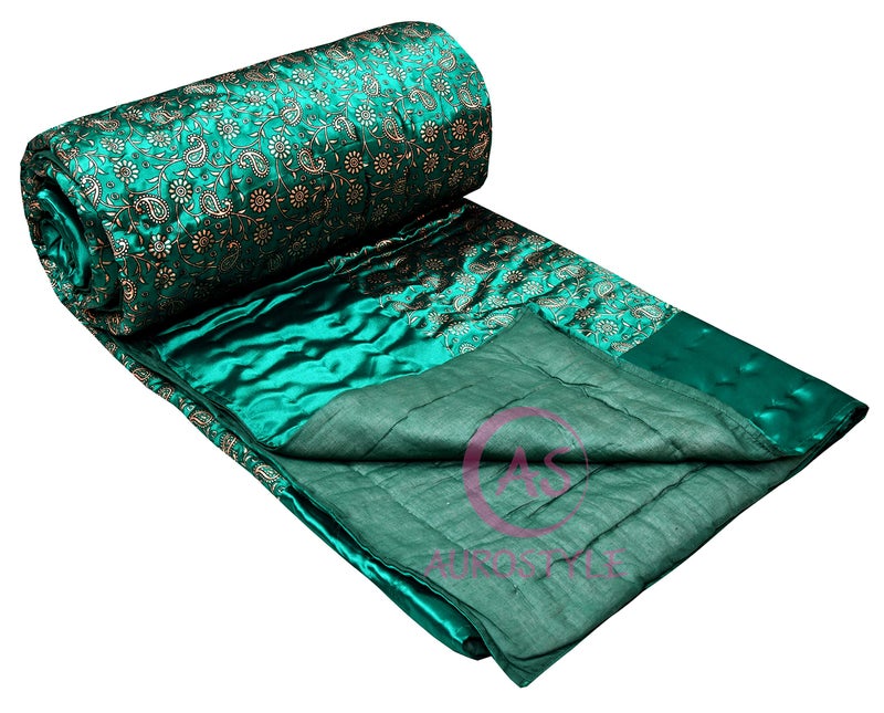 WORLDNEX Cotton Filled Light Weight Silk Jaipuri AC Quilt/Razai Over All Over Printed with Gold Print Jaipuri Quilts/Razai (85x100 Inch,Rama Green Jaal Print, Double Bed) - Image 5