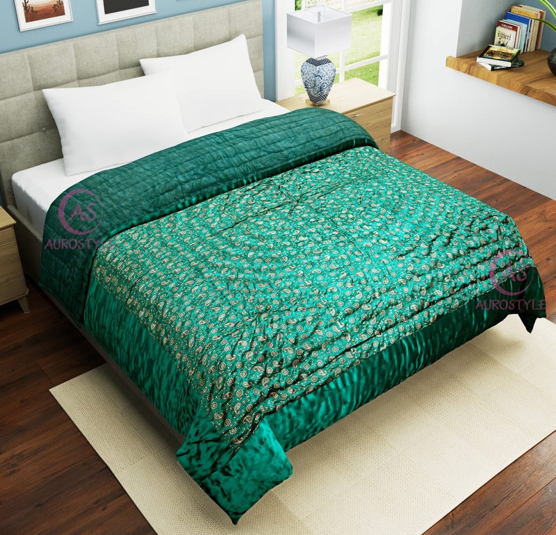 WORLDNEX Cotton Filled Light Weight Silk Jaipuri AC Quilt/Razai Over All Over Printed with Gold Print Jaipuri Quilts/Razai (85x100 Inch,Rama Green Jaal Print, Double Bed) - Image 2