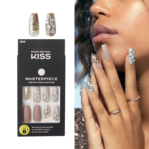 KISS Masterpiece Fake Nails One-of-a-Kind Luxe Manicure Set, 'Heirloom', 30 False Glue-On Nails including 12 Jewel Accent Nails - Image 1