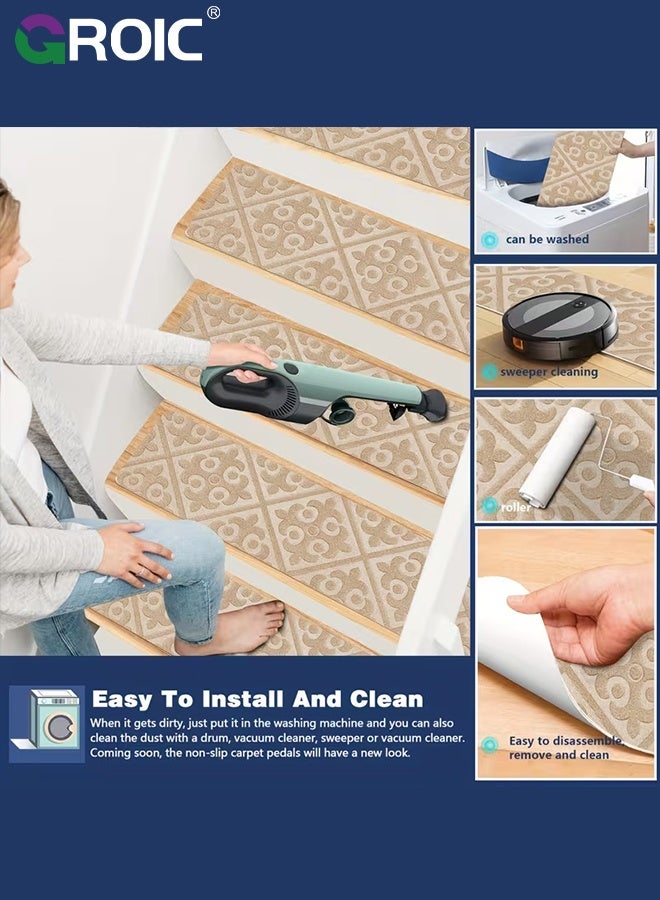 GROIC 10Pcs Stair Carpets, Stair Treads for Wooden Steps Indoor,  Non-Slip Indoor Carpet Stair Treads with Reusable Polyester TPE Backing for Kids Elders and Pets, Beige European Pattern,Staircase Protectors - Image 3