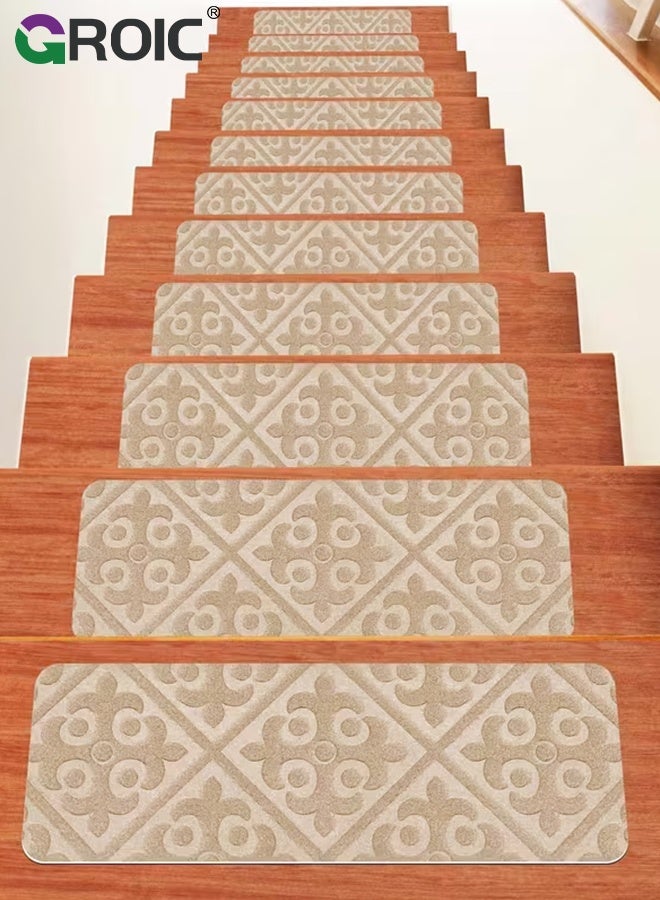GROIC 10Pcs Stair Carpets, Stair Treads for Wooden Steps Indoor,  Non-Slip Indoor Carpet Stair Treads with Reusable Polyester TPE Backing for Kids Elders and Pets, Beige European Pattern,Staircase Protectors - Image 1