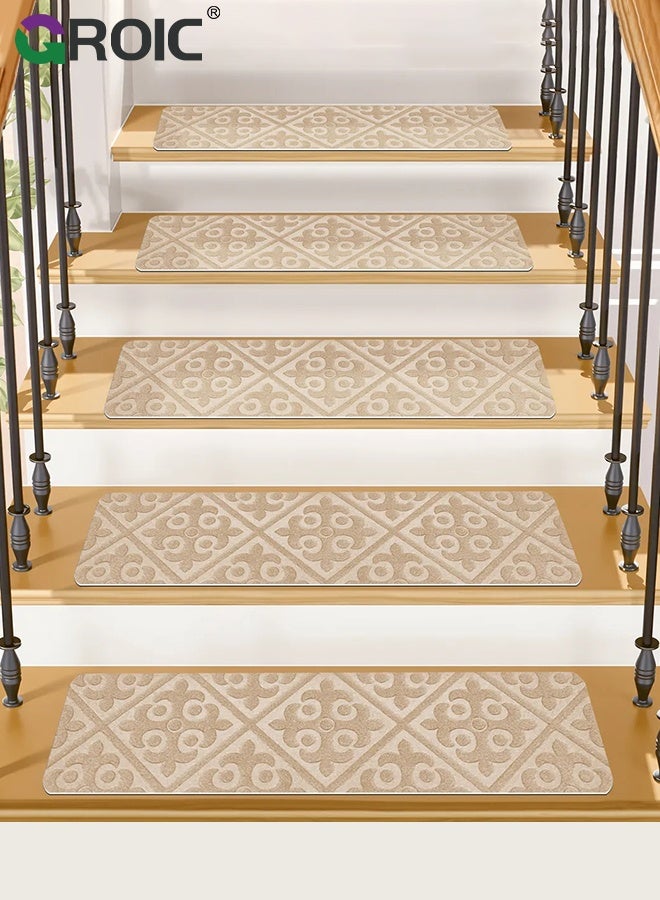 GROIC 10Pcs Stair Carpets, Stair Treads for Wooden Steps Indoor,  Non-Slip Indoor Carpet Stair Treads with Reusable Polyester TPE Backing for Kids Elders and Pets, Beige European Pattern,Staircase Protectors - Image 2