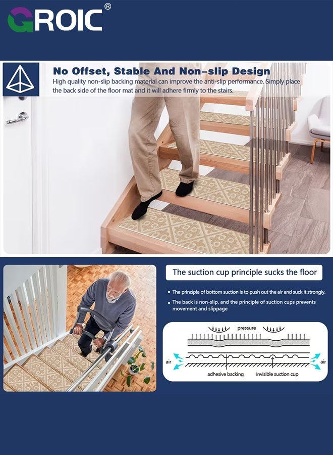 GROIC 10Pcs Stair Carpets, Stair Treads for Wooden Steps Indoor,  Non-Slip Indoor Carpet Stair Treads with Reusable Polyester TPE Backing for Kids Elders and Pets, Beige European Pattern,Staircase Protectors - Image 4