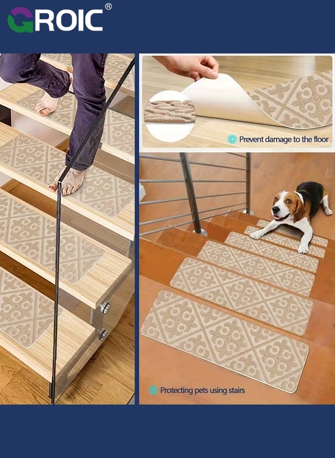 GROIC 10Pcs Stair Carpets, Stair Treads for Wooden Steps Indoor,  Non-Slip Indoor Carpet Stair Treads with Reusable Polyester TPE Backing for Kids Elders and Pets, Beige European Pattern,Staircase Protectors - Image 5