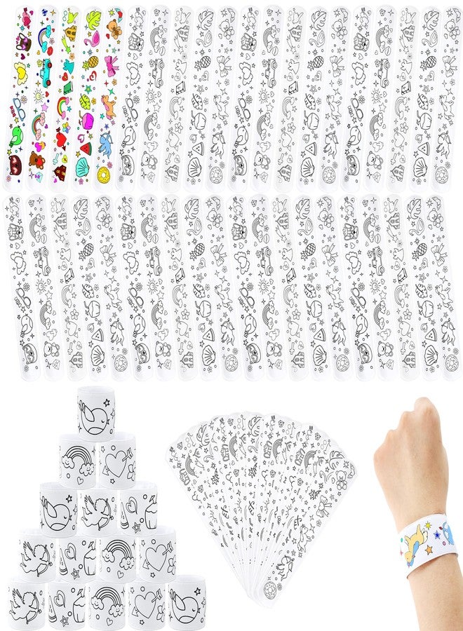 Flahard 100 Pcs Coloring Cartoon Slap Bracelets Bulk White Slap Bands 8.7 x 1.2 Inch DIY Slap Bracelet for Kids Birthday Party Favors DIY Craft Classroom Craft Projects Prizes, 5 Styles - Image 1