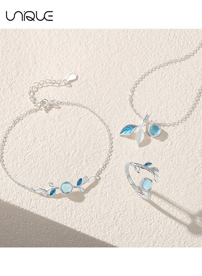 Unique Starry Sky Glazed Leaf Necklace Ring Bracelet Women, Light Luxury Design Sense High-grade Collarbone Chain Suitable for women, 3 pieces - Image 1