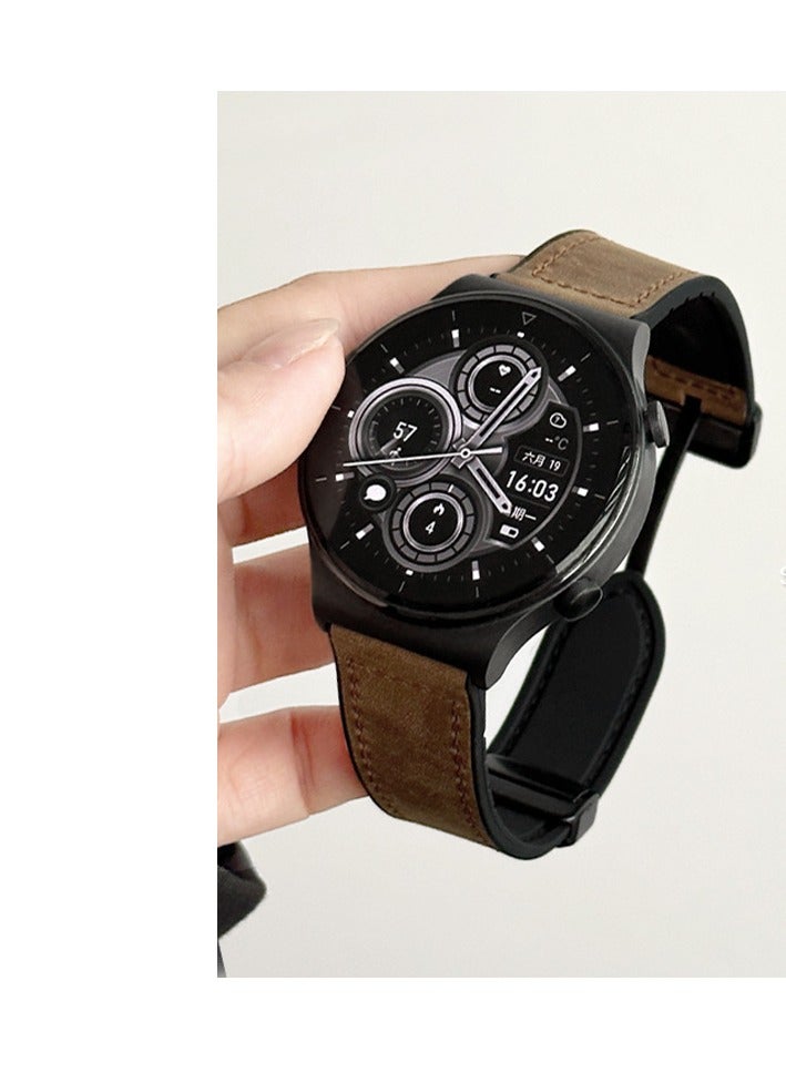Applicable to Huawei watch4pro gt3 gt2 watch silicone leather folding magnetic buckle watch strap 22mm dark brown