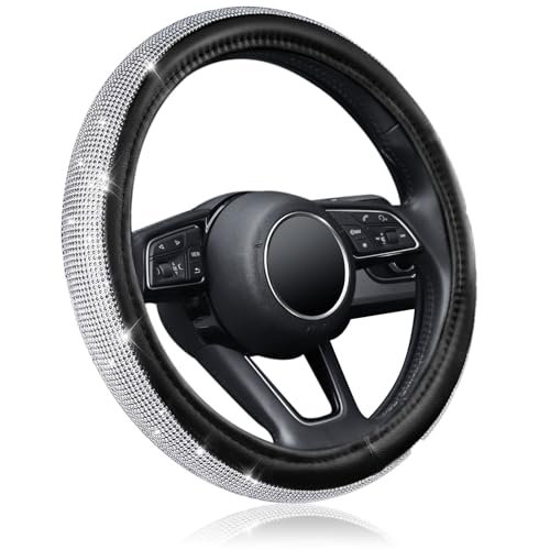 KAFEEK Steering Wheel Cover Universal 15 inch Bling Car Steering Wheel Protector for Women Girl AntiSlip Black Leather with White Diamond