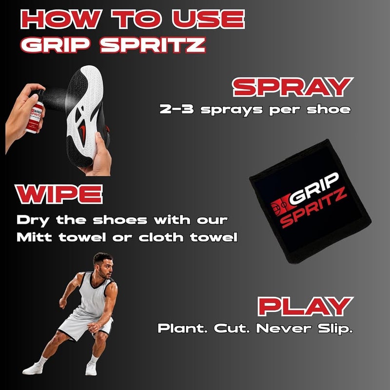 Grip Spritz 1 Grip Spritz - بخاخ قبضة حذاء ملعب كرة السلة - معزز تماسك الحذاء - يطيل عمر الحذاء ويزيد الأداء - حزمة طوال العام - زجاجتان من بخاخ قبضة الحذاء الرياضي الشفاف مع منشفة - Image 2
