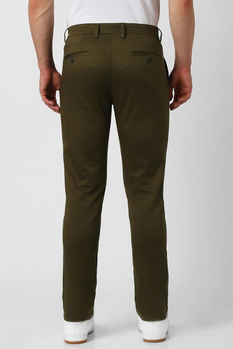 Peter England | Men's Super Slim Fit Stretchable Cotton Satin Casual Trousers | Office Sleek & Trendy Look Dark Olive - Image 3