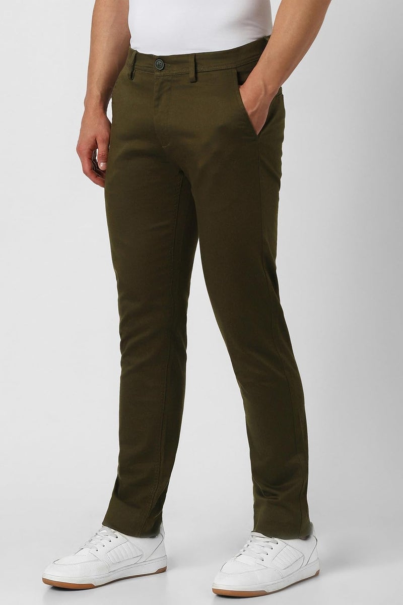 Peter England | Men's Super Slim Fit Stretchable Cotton Satin Casual Trousers | Office Sleek & Trendy Look Dark Olive - Image 2