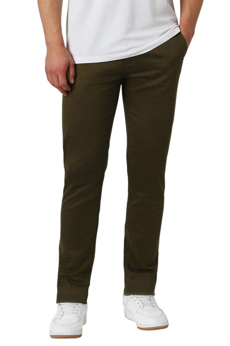 Peter England | Men's Super Slim Fit Stretchable Cotton Satin Casual Trousers | Office Sleek & Trendy Look Dark Olive - Image 1