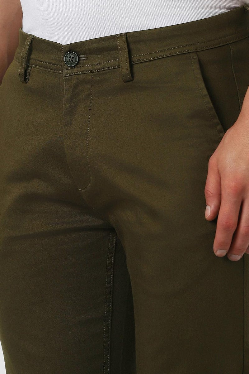 Peter England | Men's Super Slim Fit Stretchable Cotton Satin Casual Trousers | Office Sleek & Trendy Look Dark Olive - Image 4