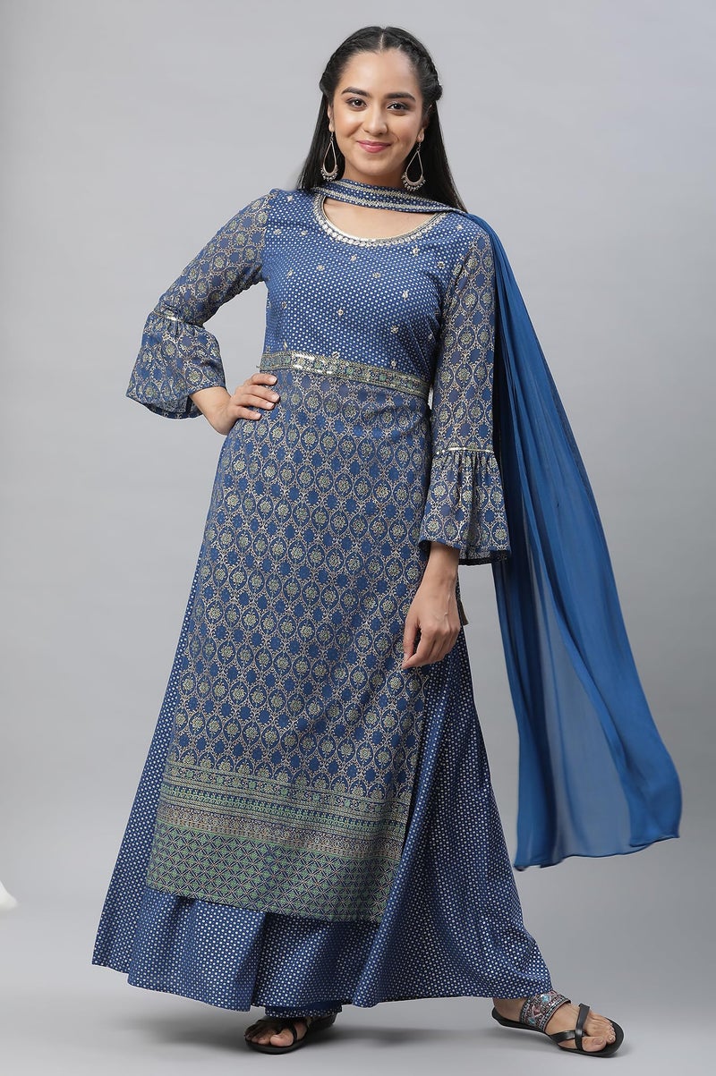 Aurelia Bright Blue Embellished Kurta, Palazzo and Choker Dupatta (Size: L)-24AUAS13830-507590 - Image 2