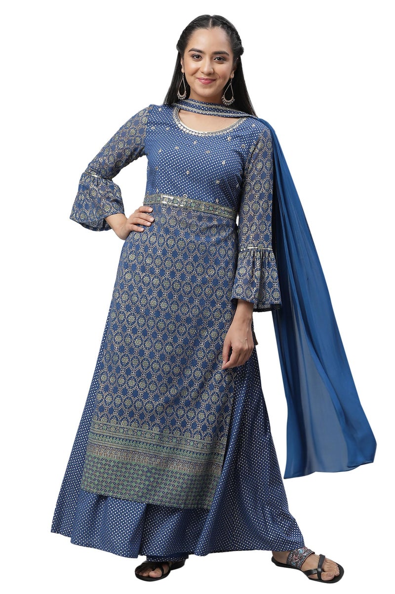 Aurelia Bright Blue Embellished Kurta, Palazzo and Choker Dupatta (Size: L)-24AUAS13830-507590 - Image 1