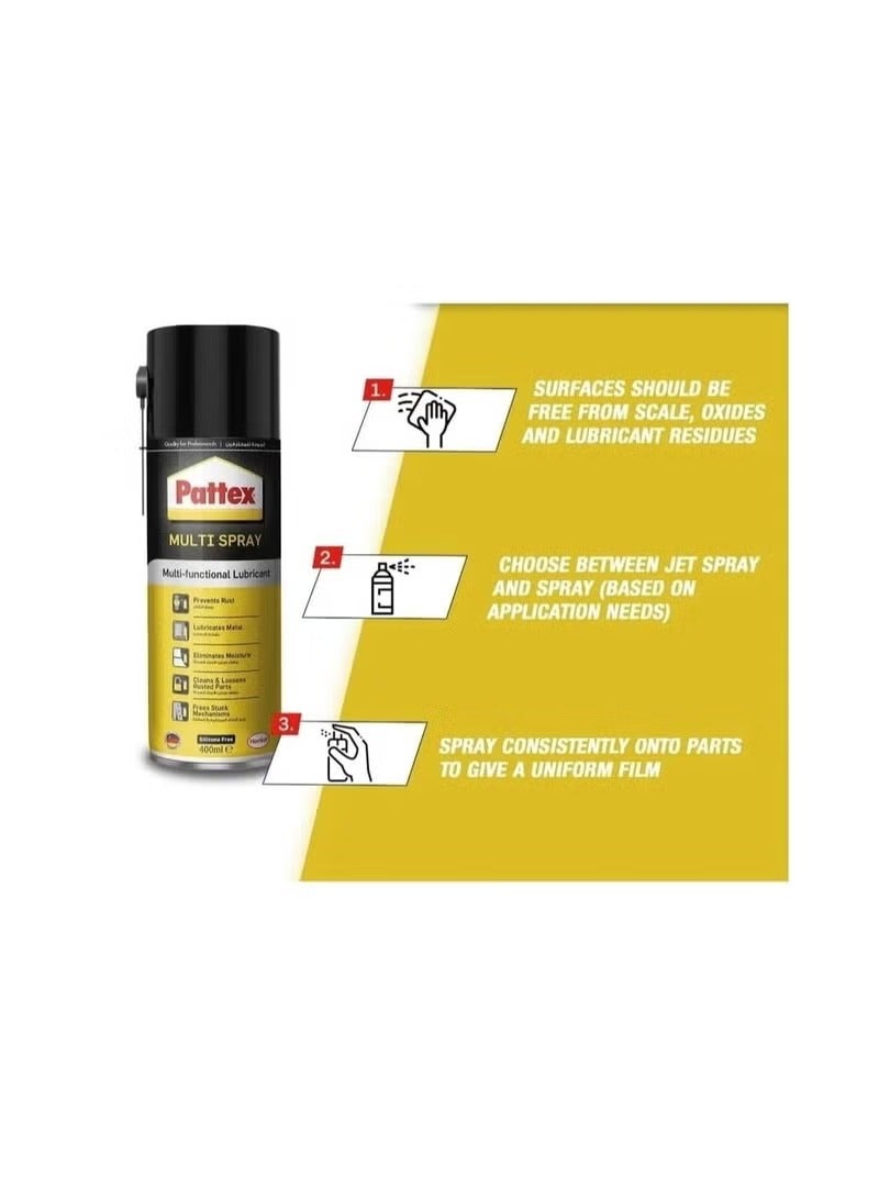 PATTEX MULTI SPRAY An effective multi-functional lubricant that prevents rust, lubricates metals, removes moisture, cleans and loosens rusted parts, and releases stuck mechanisms - silicone-free for professional results. 1 piece 400 ml - Image 2
