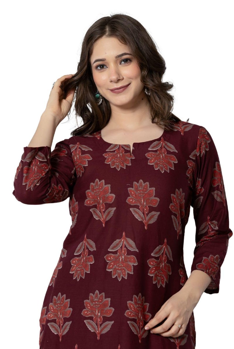rytras Women's Pure Cotton Printed Straight Kurta Set with Palazzo Pants - Ethnic Wear, Maroon(RYT593,XL) - Image 5