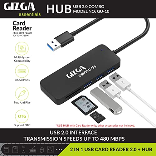 GIZGA Essentials High Performance USB Hub with Card Reader, 5 in 1 USB Hub, Fast Data Transfer, 3 USB 2.0, Micro SD, TF Data Transfer Upto 480Mbps for Laptops, Smartphone, MacBook, Chromebook, Black - Image 2