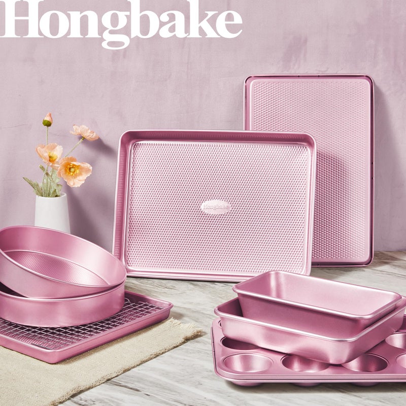 HONGBAKE 9-Piece Baking Pans Set Nonstick, Stackable Non Toxic Bakeware Sets with Diamond Texture, Oven Pan Set for Cooking, Includes Cookie Sheet with Rack, Cake Pan, Roasting Pan, Muffin Tin, Pink - Image 2