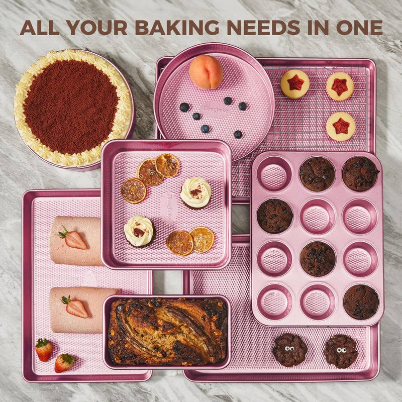 HONGBAKE 9-Piece Baking Pans Set Nonstick, Stackable Non Toxic Bakeware Sets with Diamond Texture, Oven Pan Set for Cooking, Includes Cookie Sheet with Rack, Cake Pan, Roasting Pan, Muffin Tin, Pink - Image 4