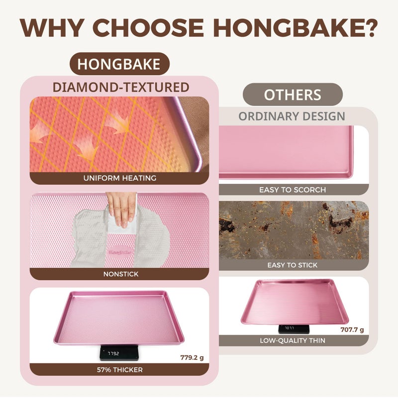 HONGBAKE 9-Piece Baking Pans Set Nonstick, Stackable Non Toxic Bakeware Sets with Diamond Texture, Oven Pan Set for Cooking, Includes Cookie Sheet with Rack, Cake Pan, Roasting Pan, Muffin Tin, Pink - Image 5