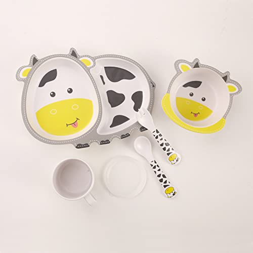 Fekdod Kids Dinnerware Set Bamboo 5 Pcs with Plate Bowl Cup Fork Spoon (Cow) - Image 2