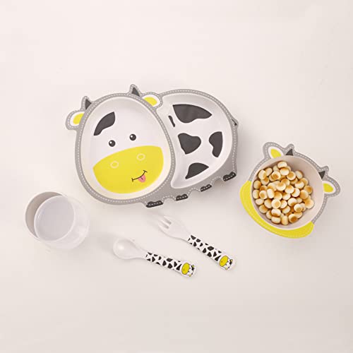 Fekdod Kids Dinnerware Set Bamboo 5 Pcs with Plate Bowl Cup Fork Spoon (Cow) - Image 5