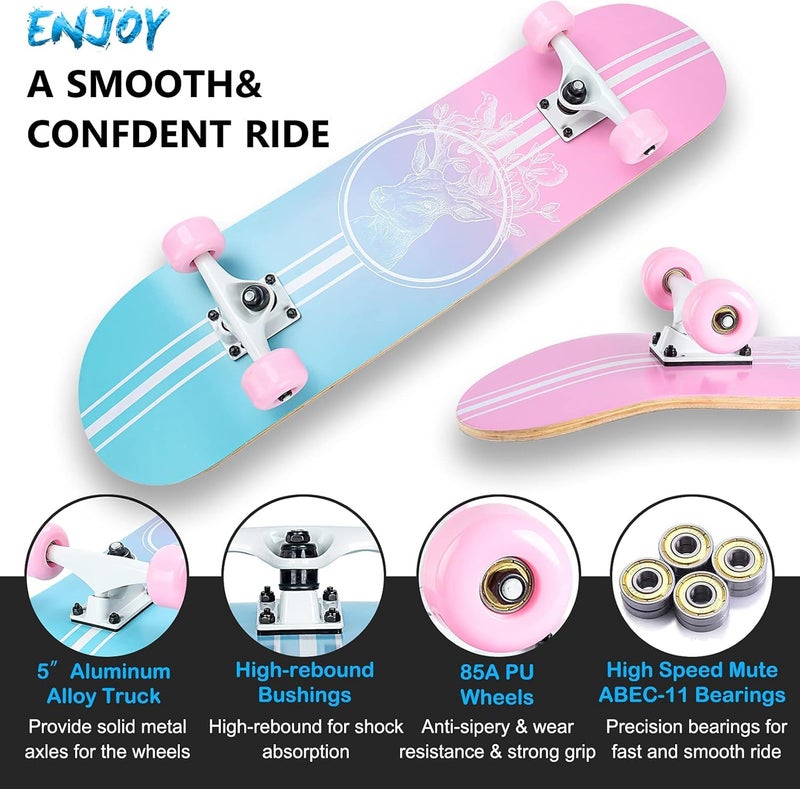CLYCTIP Skateboard,31 x 8 Inch Complete Skateboard, 8-Layer Maple Wood Deck Double Kick Standard Skateboards for Kids, Teens, Adult, Beginner - Image 2