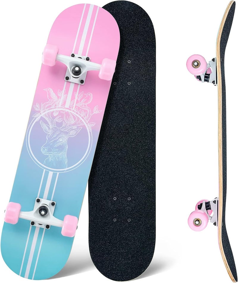 CLYCTIP Skateboard,31 x 8 Inch Complete Skateboard, 8-Layer Maple Wood Deck Double Kick Standard Skateboards for Kids, Teens, Adult, Beginner - Image 1