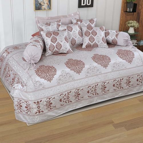 Victor Poly Cotton Styria Satin Diwan Set 8 Pcs (1 Bedcover - 60"x90", 2 Bolsters - 16" x 32" & 5 Cushion Covers - 16" x 16") Damask Geometrical Pattern, Exclusive for Wedding, Pink - Image 1