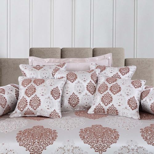 Victor Poly Cotton Styria Satin Diwan Set 8 Pcs (1 Bedcover - 60"x90", 2 Bolsters - 16" x 32" & 5 Cushion Covers - 16" x 16") Damask Geometrical Pattern, Exclusive for Wedding, Pink - Image 2