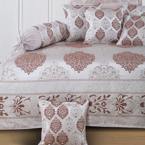 Victor Poly Cotton Styria Satin Diwan Set 8 Pcs (1 Bedcover - 60"x90", 2 Bolsters - 16" x 32" & 5 Cushion Covers - 16" x 16") Damask Geometrical Pattern, Exclusive for Wedding, Pink - Image 4
