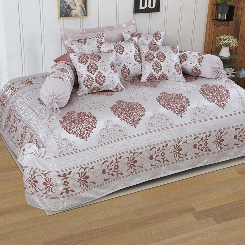 Victor Poly Cotton Styria Satin Diwan Set 8 Pcs (1 Bedcover - 60"x90", 2 Bolsters - 16" x 32" & 5 Cushion Covers - 16" x 16") Damask Geometrical Pattern, Exclusive for Wedding, Pink - Image 5