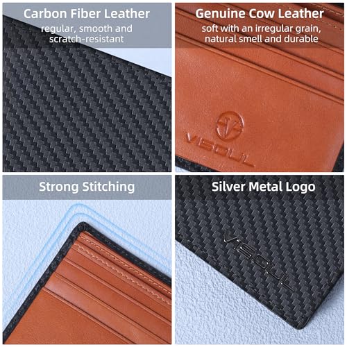 VISOUL Mens Bifold Wallet with 2 ID Windows Carbon Fiber Leather, RFID Blocking Wallet with 2 Money Compartments, Stylish Two-tone Back Pocket Wallet for Men (Black+Orange) - Image 3