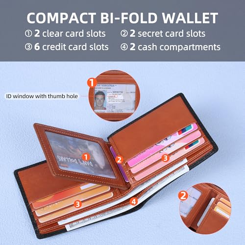 VISOUL Mens Bifold Wallet with 2 ID Windows Carbon Fiber Leather, RFID Blocking Wallet with 2 Money Compartments, Stylish Two-tone Back Pocket Wallet for Men (Black+Orange) - Image 2